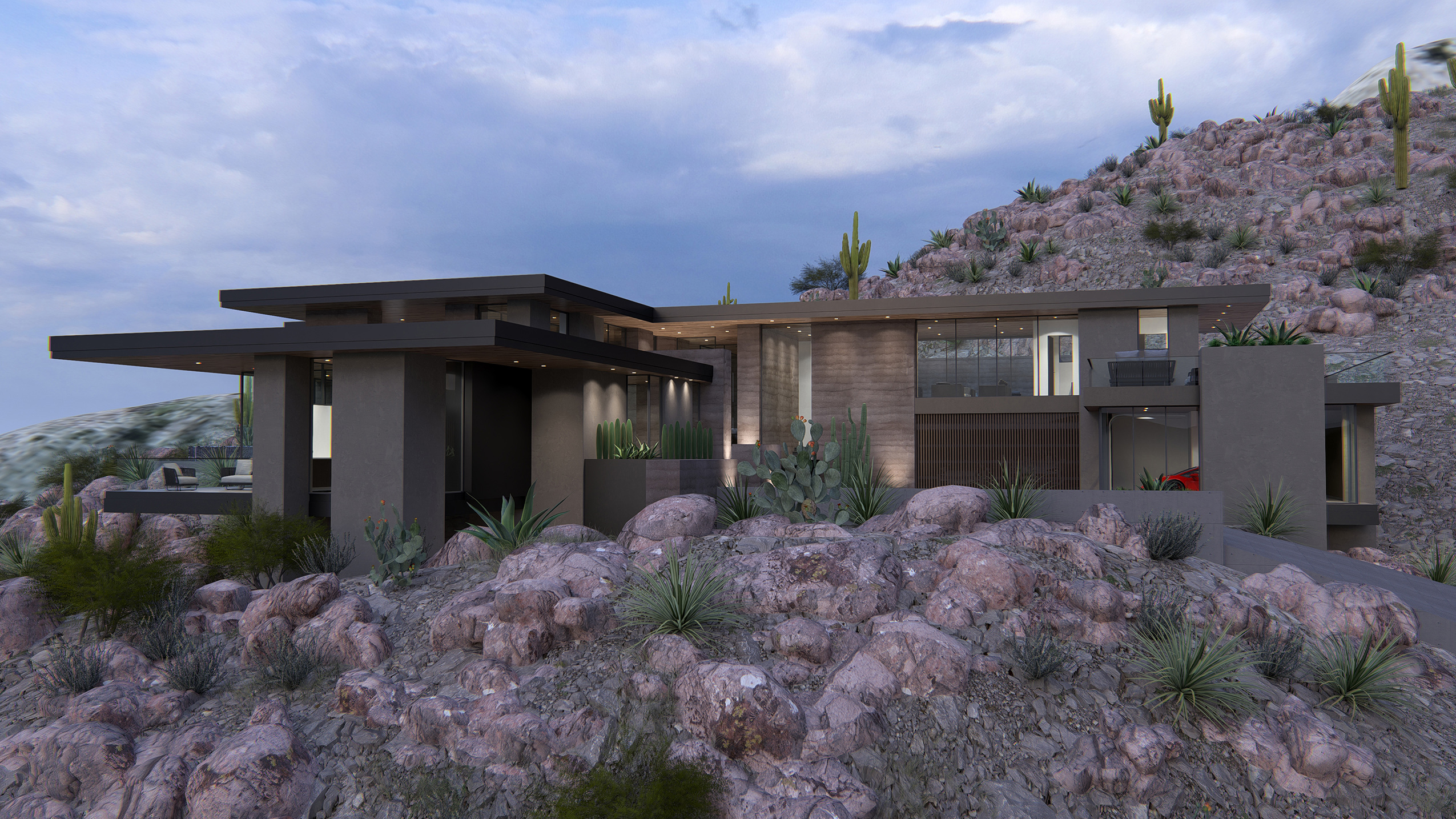 Pario Enclave 8 - A modern model house in the shade of gray in a hillside mountain desert setting.