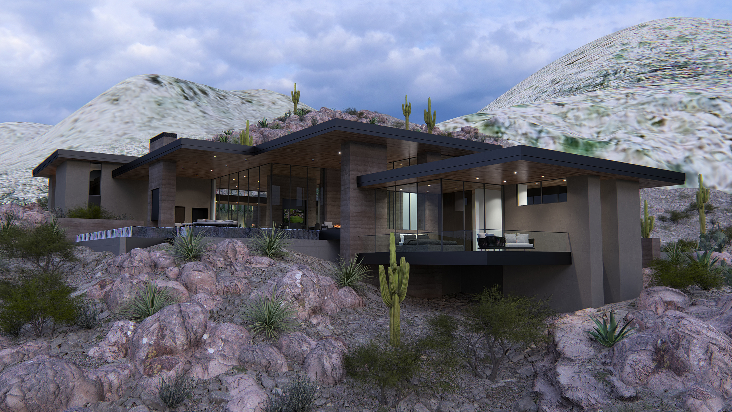 Pario Enclave 6- A modern model house in the darker shade and in a hillside mountain desert setting.