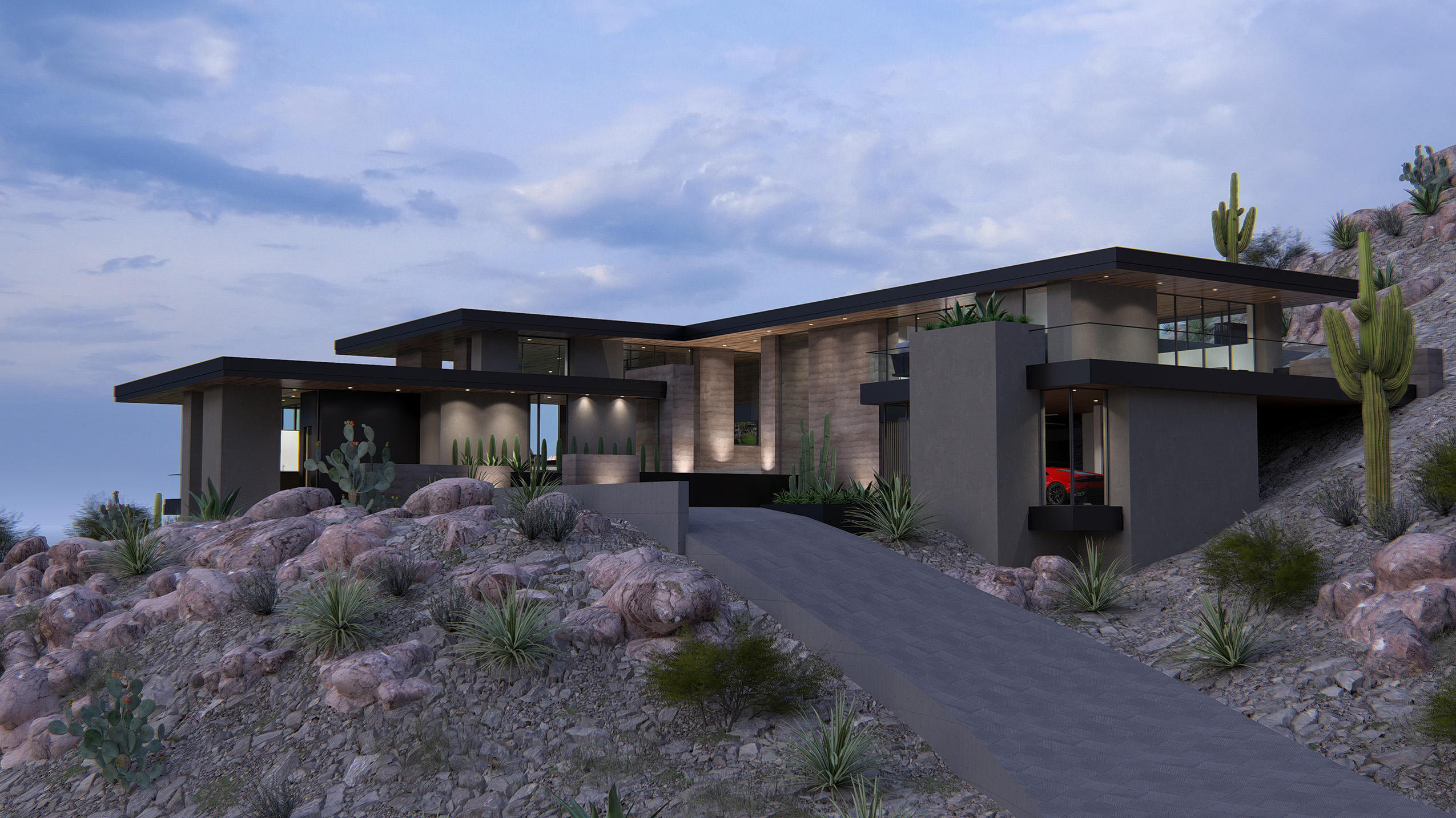 Pario Enclave 8 - A modern model house in the shade of gray in a hillside mountain desert setting.