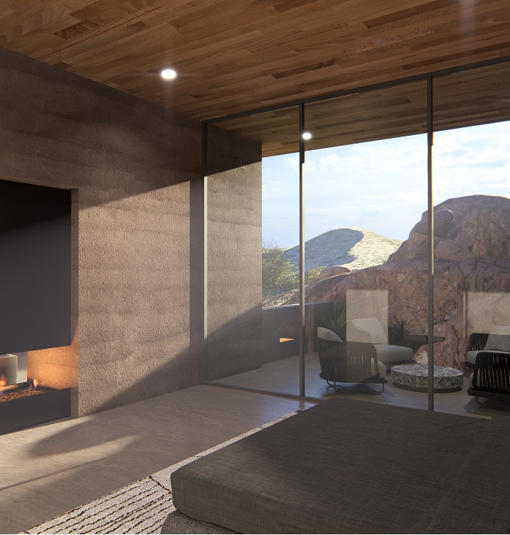 Enclave - A view outside the window with mountain and sunlight in the background.